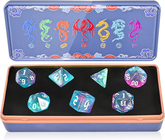 DND Dice Set with Dragon Totem Metal Gife Case, Dungeons and Dragons Dice Set,Polyhedral Dice Set Filled with Shiny Glitters,Role Playing Games and Tabletop Games (Green&Pink)