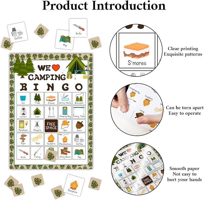 Camping Bingo Games, 24 Players Bingo Cards, Campground Activity for Friends Family, Vacation Gifts for Adult Teenager, Camping Games Camping Party Game Bingo Supplies -03
