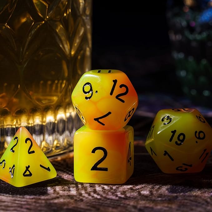 Glow in The Dark DND Dice, 7Pcs Luminous Polyhedral Dice Set with Leather Dice Bag, Glowing D&D Dice for Dungeons and Dragons, RPG, MTG Table Games(Yellow Orange)