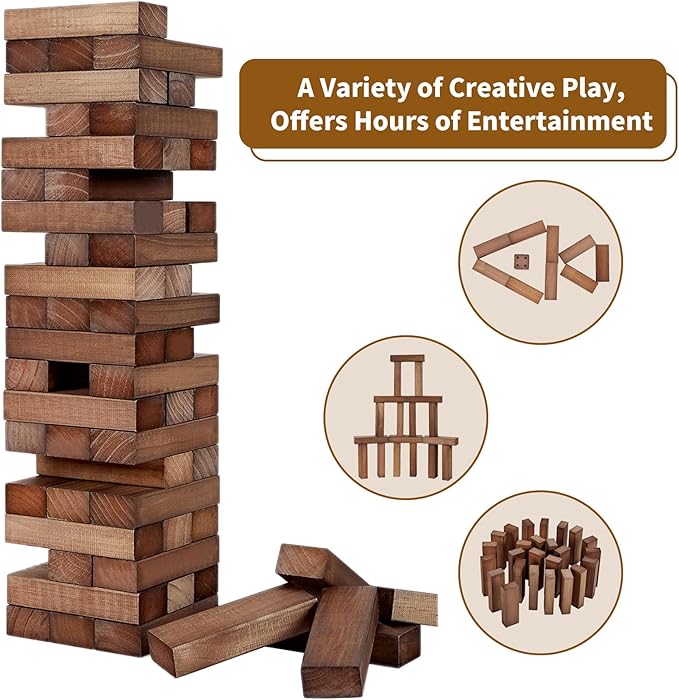ApudArmis Giant Tumble Tower Stack to Over 5Ft, 60 PCS Pine Wooden Stacking Timber Game with 1 Dice Set - Classic Block Giant Outdoor Game (7.48 * 2.48 * 1.5 in Each Block, Brown)