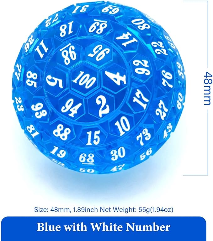 100 Sided Polyhedral Dice, Single D100 Game Dice, 100 Sided Cube with Black Pouch, D100 die 48 mm (Blue with White Number)