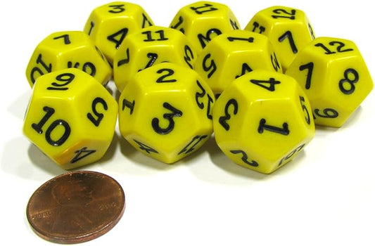 Koplow Games Set of 10 D12 12-Sided 18mm Opaque RPG Dice - Yellow with Black Numbers