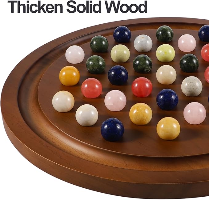 15.7 Inches Extra Large Solitaire Marble Game Set Wood with 36 Multicolors Natural Stone Marbles Pieces Adults Classic Deluxe Game for Night Party and Gatherings