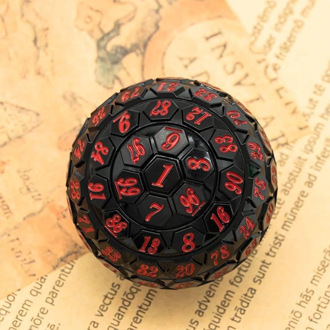 100 Sided Polyhedral Dice, Single D100 Game Dice, 100 Sided Cube with Black Pouch, D100 die 48 mm (Black with Red Number)