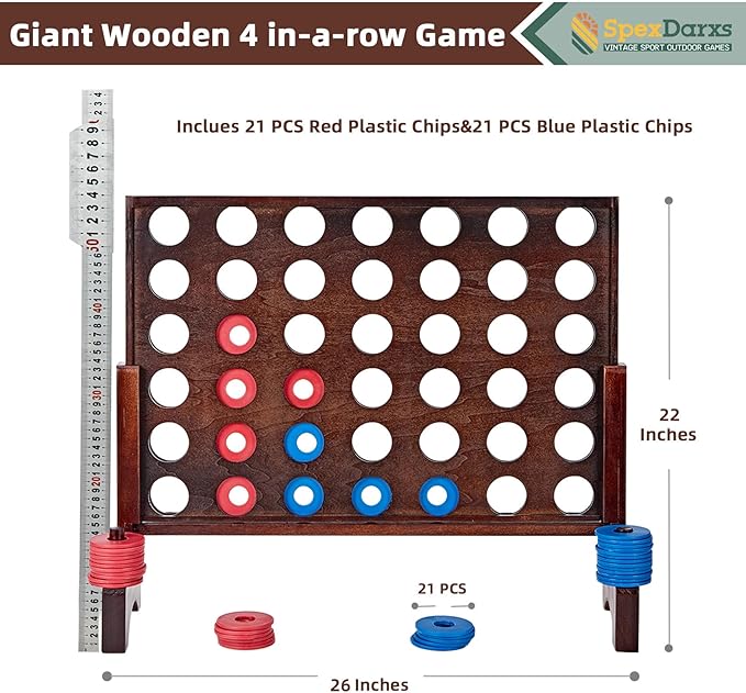 Giant 4 in A Row Game, Wooden Jumbo 4-to-Score Set for Indoor & Outdoor Family Fun-Line Up Four Travel Board Games with 42 Coins & Ring Holders & Carrying Bag