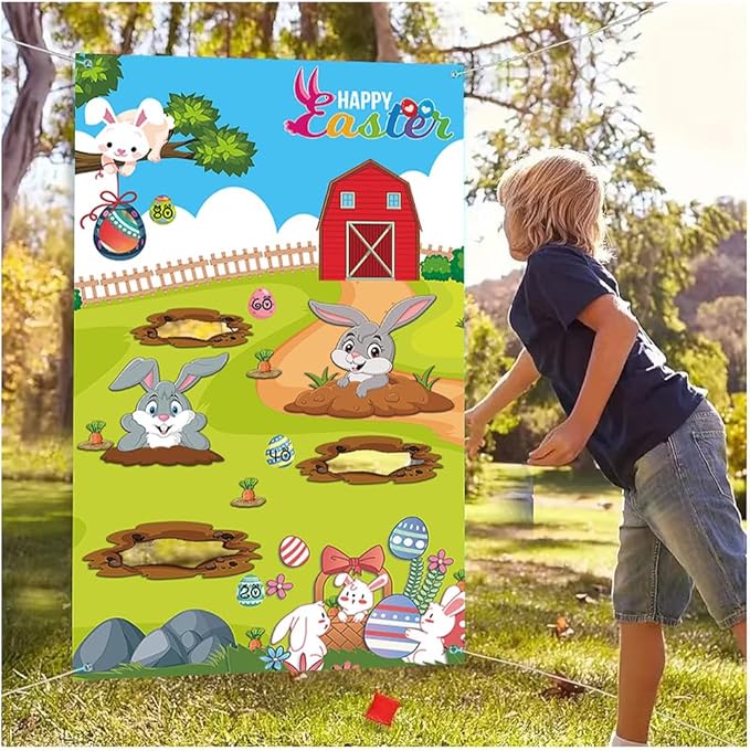 Upgraded, Easter Games, Funny Bunny Toss Game, with 4 Bean Bags, Premium Banner and Accessories, Easter Party Games for Kids Adults Family Outdoor, Party Activities Supplies