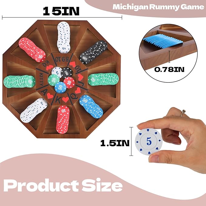 Michigan Rummy Board Game Deluxe Set Perfect Blend of A Royal Game of Hearts Rummy Poker Wooden Tripoley Game Betting Bluffing Classical Family Card for 100 Chips (Walnut -Medium)