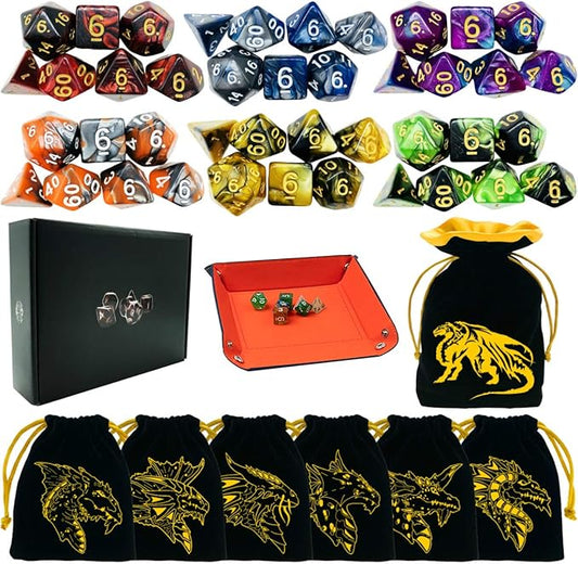 6 Sets Double-Color Polyhedral Dice for DND, RPG, MTG & Table Games - 7pcs Set (d20, d12, 2x d10, d8, d6, d4) with 6 Drawstring Bags, 1 Big Bag, 1 PU Leather Dice Tray & Sticker