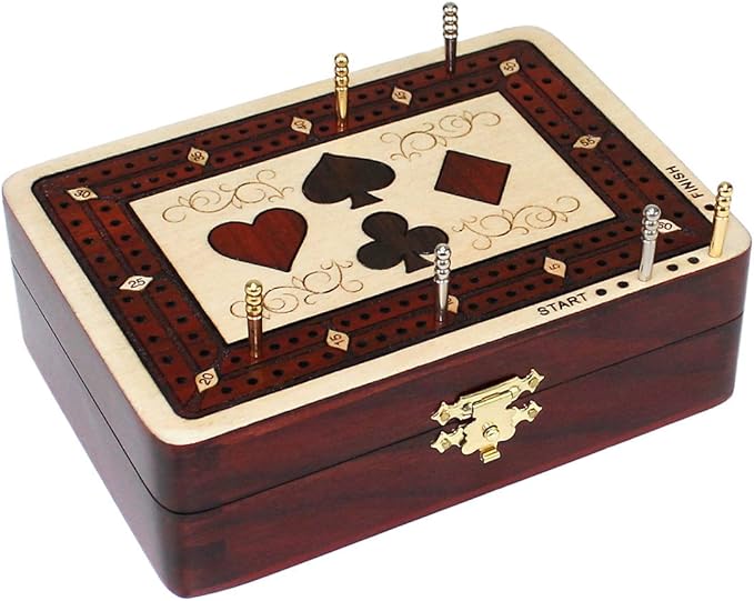 2 Track - Wooden Cribbage Board/Box - Inlaid in Maple Wood/Bloodwood - Storage for Pegs & One Deck of Cards - 60 Points - Non Continuous (Maple Wood/Bloodwood)