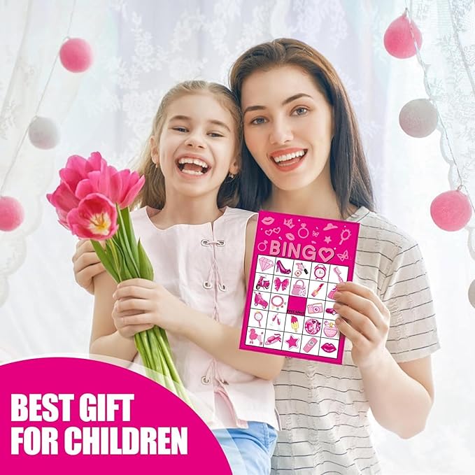 Pink Party Bingo Games Hot Pink Birthday Party Game for Kids Adults Girls Birthday Party Favors 24 Players Bingo Cards Princess Doll Game for Family Holiday Gatherings Party Supplie