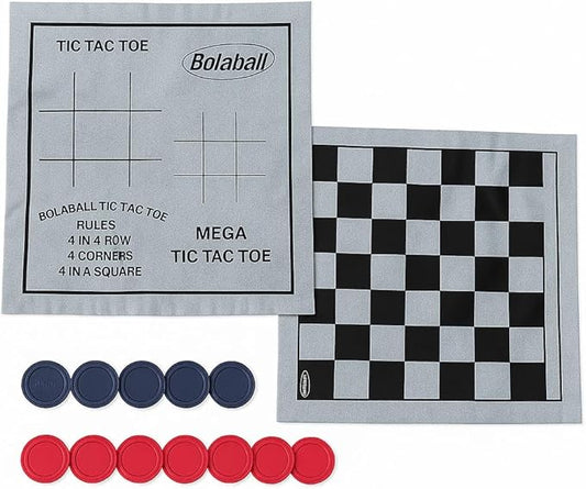 Bolaball 3-in-1 Giant Checkers, Tic Tac Toe Jumbo Game, 26"x26", Reversible Carpet, Indoor Outdoor Yard Board Game for Family and Friends with 24 Chips