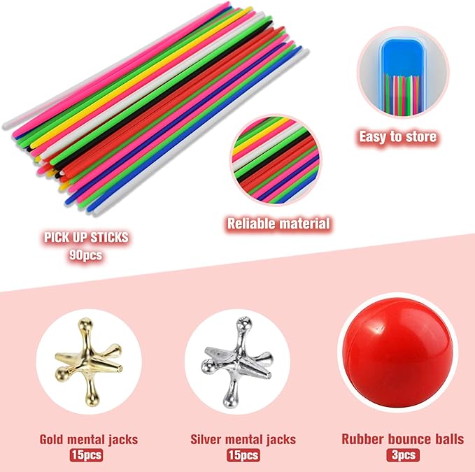 ZeeDix 90 Pcs Pick Up Sticks with 3 Sets Retro Metal Jacks Kit- Include 3 Pcs Red Rubber Balls and 30 Pcs Gold and Silver Metal Jacks, Classic Fun Game Gift of Jacks for Kids Adults Family