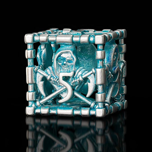 D&D Dice Set, Hollow Blue White Metal Grim Reaper Dice of 7 Piece,Polyhedral DND Dice Role PlayGaming for Dungeons and Dragons Table Game MTG or RPG (Blue and White)