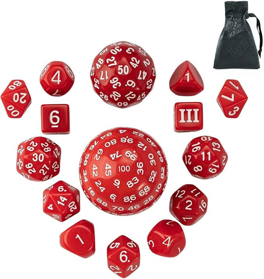 15 Pieces Complete Polyhedral DND Dice Set D3-D100 Spherical D&D Dice Set with Dragon Eye Dice Bag, D100 Dice for Dungeons and Dragons, RPG, MTG Table Games(Red w/White Numbers)
