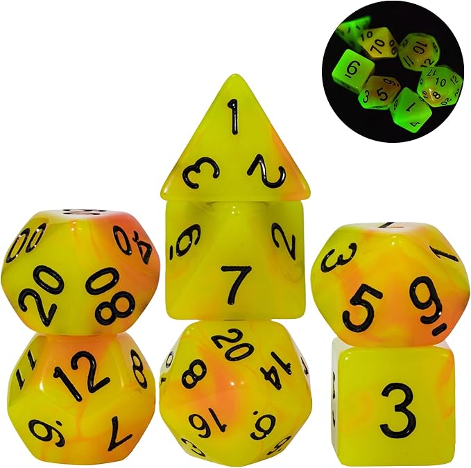 Glow in The Dark DND Dice, 7Pcs Luminous Polyhedral Dice Set with Leather Dice Bag, Glowing D&D Dice for Dungeons and Dragons, RPG, MTG Table Games(Yellow Orange)