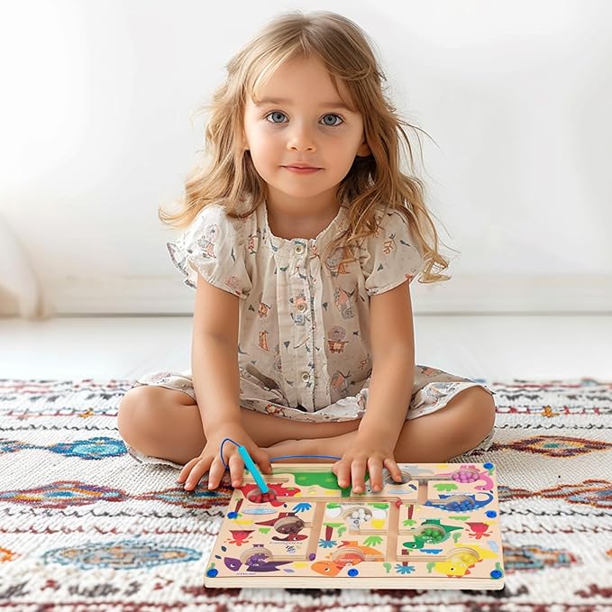 Magnetic Color & Number Maze, Montessori Wooden Color Matching Learning Counting Puzzle Board, Toddler Fine Motor Skills Toys for Boys Girls 3 4 5 Years Old - Dinosaur