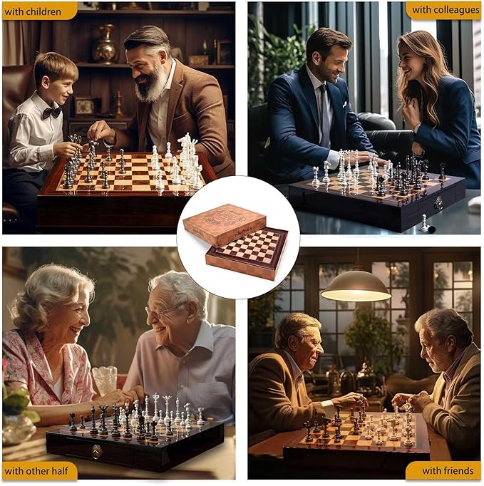 AMEROUS 20 Inches Wooden Chess Set with Metal Chess Pieces- 4.5'' King - 2 Built-in Storage Drawers - Gift Packaging,Tournament Chess Board Games for Adults and Kids