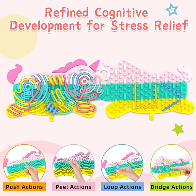 Silicone Sensory Activity Board,Double-Sided Busy Board for Fine Motor Skill,Fidget Toy for Calming, Stress, Anxiety, ADHD , Autism , Silent, No Mess , Kids 3+ & Adults(Unicorn,Colorful)