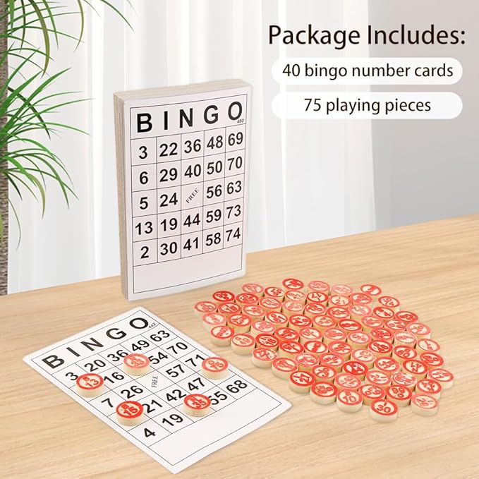 Bingo Board Game, Classic Bingo Cards, Vintage Wooden Bingo Game for Parties Group Games, with 40 Bingo Number Cards and 75 Chess