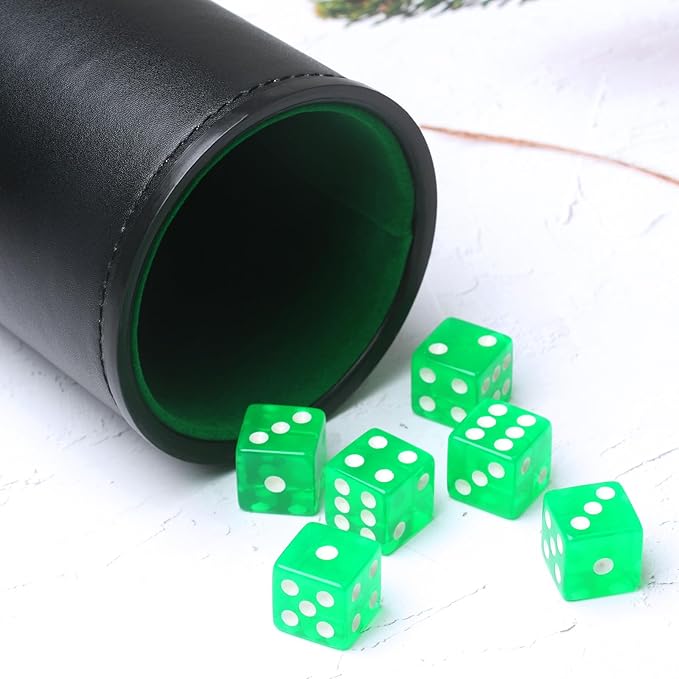 Faux Leather Dice Cup Set, Soft Velvet Interior Dice Cup Shaker Quiet with 6 Green Translucent Dice for Liars Dice/Farkle/Yahtzee Games, 1 Pack
