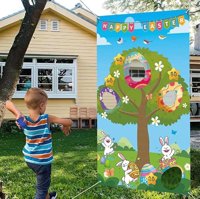 Upgraded, Easter Games, Funny Bunny Egg Toss Game, with 4 Bean Bags, Premium Banner and Accessories, Easter Party Games for Kids Adults Family Outdoor, Party Activities Supplies