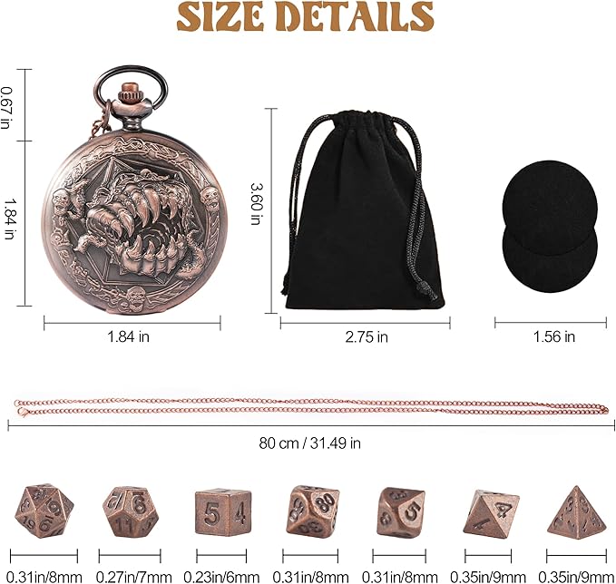 D&D Dice Set,7PCS Metal Dice for Dungeons and Dragons,Mini Dice Set with Pocket Watch Case,Role Playing Board Games Accessories (Monster, Copper)
