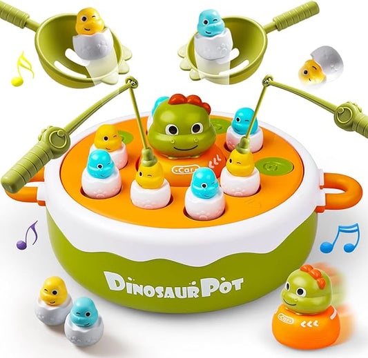 4-in-1 Dinosaur Pop Up Board Games for Toddlers, Magnetic Fishing Game Tic Tac Toe Bowling Toys, Rotate Music Dino Bounce and Catch Game, Family Games for Kids 3-5 4-8 Boy Girl
