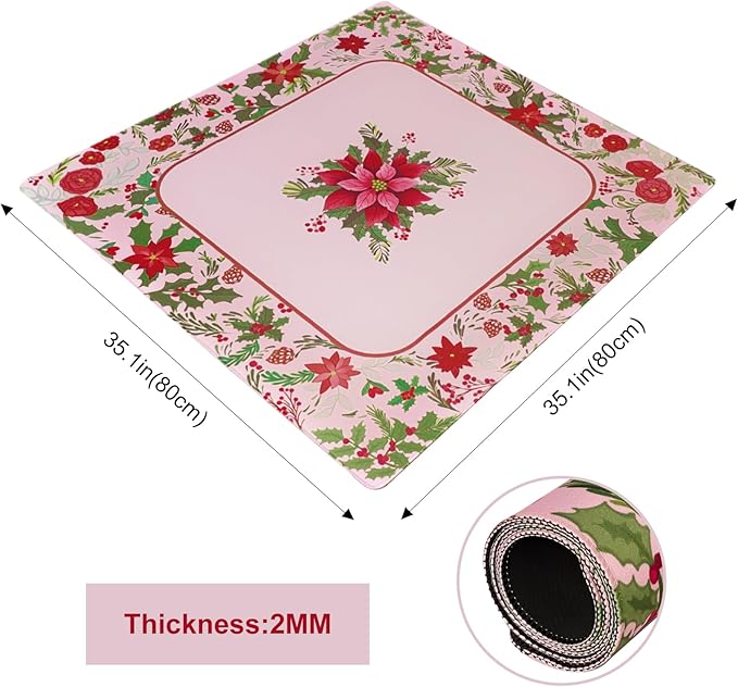 Large Mahjong Mat with Red & Green Floral Print, Anti-Slip, Noise-Reducing Table Cover for Mahjong, Poker, Board Games, Dominoes, and Card Games (31.5” x 31.5”)
