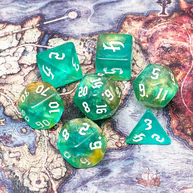 DND Dice Set with Dragon Totem Metal Gife Case, Dungeons and Dragons Dice Set,Polyhedral Dice Set Filled with Shiny Glitters,Role Playing Games and Tabletop Games (Green&Yellow)