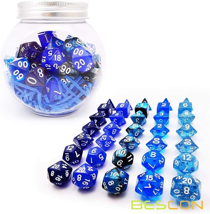 Bescon RPG Dice Set 35pcs Ocean Blue Set, DND Role Playing Game Dice 5X7pcs