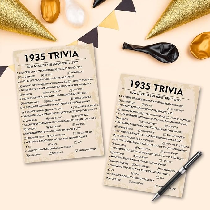 QUPT 90th Birthday Party Games, 1935 Trivia Games, Birthday Party Supplies for Adults, Fun 1935s Party Game，Pack of 30 Cards