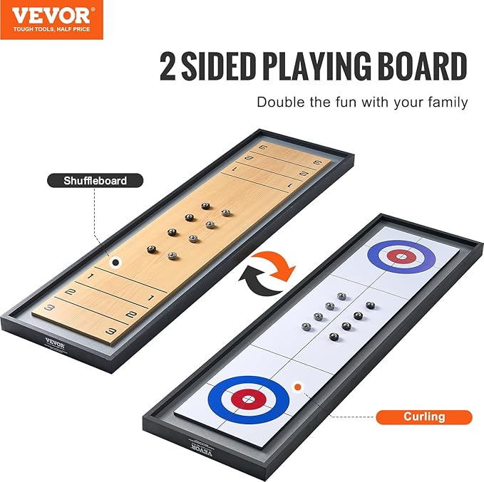 VEVOR Shuffleboard and Curling 2 in 1 Board Games, 45" Portable Tabletop Set, Two Sided Tabletop Shuffleboard with 8 Rolling Pucks, Shuffleboard and Curling Combo Game Set for Kids and Family