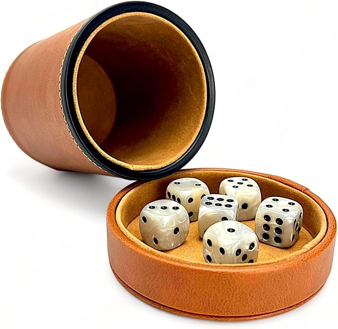 Luck Lab Brown Leather Dice Cup with Lid Including 6 Matching Pearl Dice - Tan Velvet Interior for Quiet Shaking - Use for Liars Dice Farkle Yahtzee Board Games