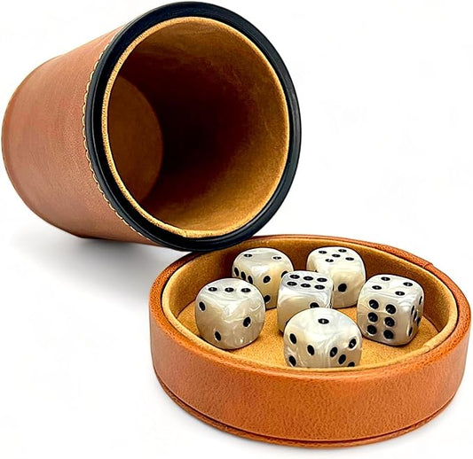 Luck Lab Brown Leather Dice Cup with Lid Including 6 Matching Pearl Dice - Tan Velvet Interior for Quiet Shaking - Use for Liars Dice Farkle Yahtzee Board Games
