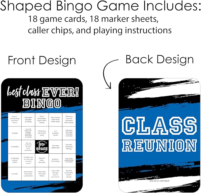 Big Dot of Happiness Reunited Blue - Find the Classmate Bingo Cards and Markers - Royal Blue School Class Reunion Party Bingo Game - Set of 18