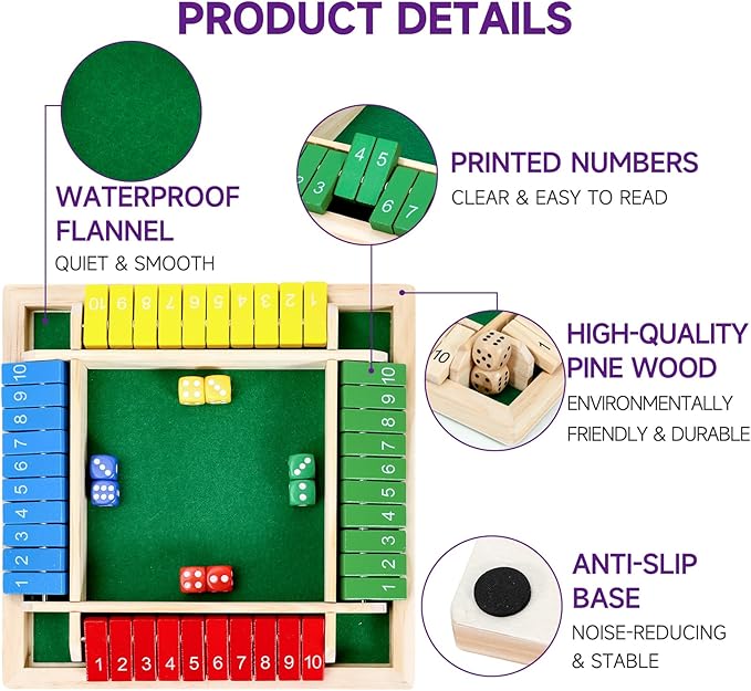 1-4 Players Shut The Box Dice Game, 10 Numbers Traditional Wooden Pub Bar Board Game, Family Classics Tabletop Version Games for Classroom, Party, or Pub