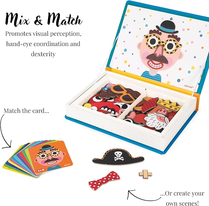 Janod Magnetibook 83 Pc Magnetic Boy Crazy Face Dress Up Game for Imagination Play - Book Shaped Travel/Storage Case Included - S.T.E.M. Toy for Ages 3+