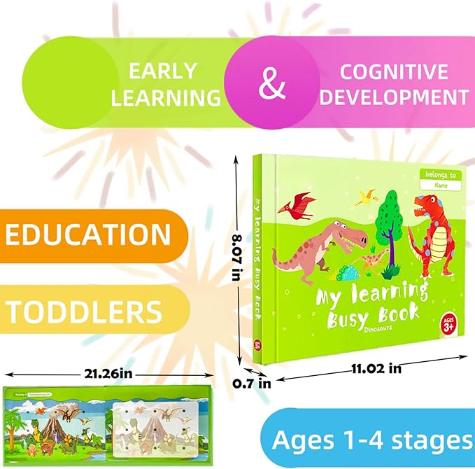 2023 New Toddlers Busy Book: Montessori Quiet Book Travel Games Puzzle Board Books for Kids Gifts, Develop Early Learning & Cognitive Skills - Dinosaur Theme.