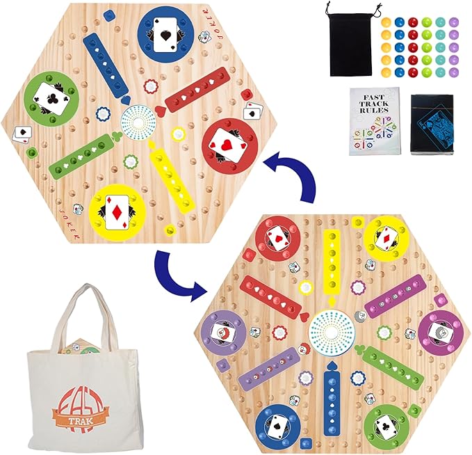 Fast Track Marble Board Game, Wahoo Board Game Double Sided Painted, Fast Track Board Games for 6 and 4 Players, Includes 6 Colors 30 Marbles, 1 Deck of PVC Playing Cards, 1 Canvas Bag