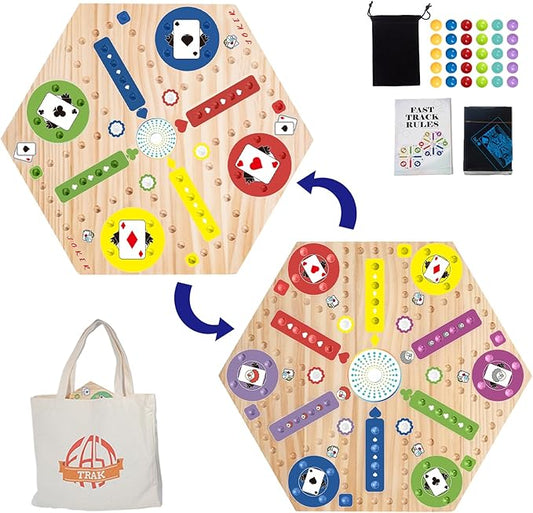 Fast Track Marble Board Game, Wahoo Board Game Double Sided Painted, Fast Track Board Games for 6 and 4 Players, Includes 6 Colors 30 Marbles, 1 Deck of PVC Playing Cards, 1 Canvas Bag