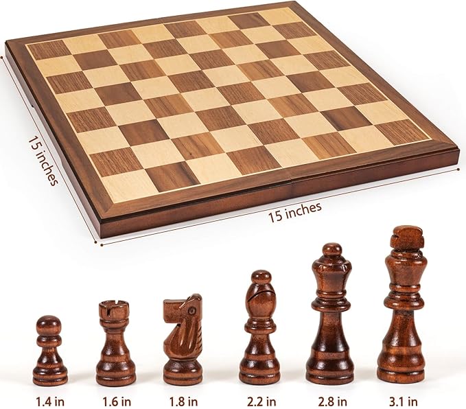 Chess Set Board Games for Adults: Handmade Walnut Wooden 15" 2 Extra Queens Folding Portable Travel Gift idea Pieces Storage Bags Instructions
