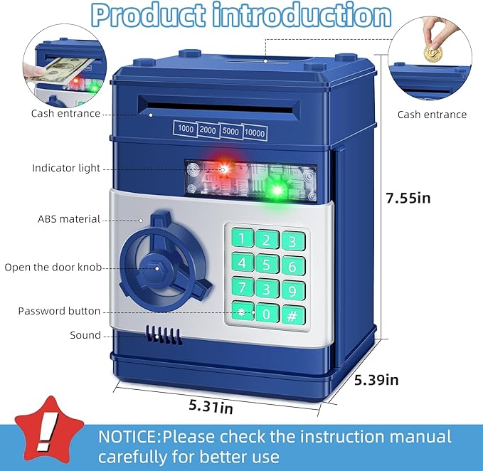 Piggy Bank for Kids, Money Bank Toys for Ages 6 7 8 10 11 12 13, Electronic Cash Coin Money Saving Box， Birthday for 8 9 10 Year Old Boys Girls