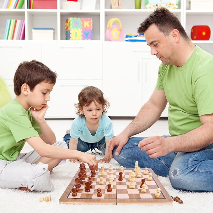 15 Inches Magnetic Wooden Chess Set - 2 Extra Queens - Folding Board - Pieces Storage Slots, 2in1 Chess & Checkers, Beginner Chess Game for Kids & Adults - Large&Portable Wooden Chess Board