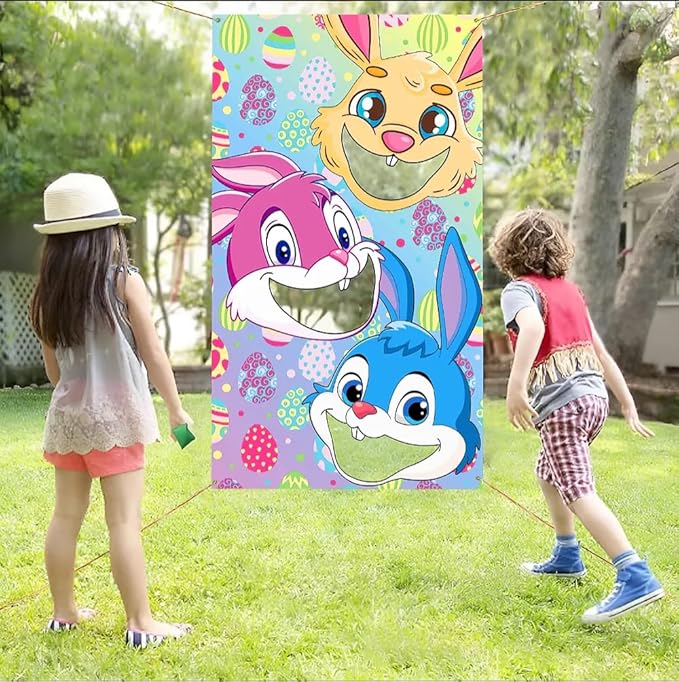 Easter Games, Funny Bunny Toss Game, with 4 Bean Bags, Premium Banner and Accessories, Easter Party Games for Kids Adults Family Outdoor, Party Activities Supplies
