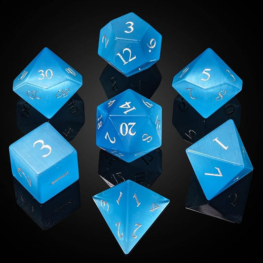 UDIXI Gemstone DND Dice Set 7PCS Stone D&D Polyhedral Dice for Dungeons and Dragons Table Games (Blue Cat's Eye)