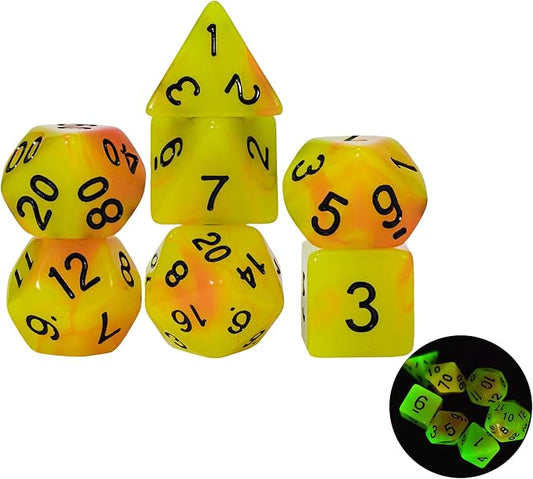 Glow in The Dark DND Dice, 7Pcs Luminous Polyhedral Dice Set with Leather Dice Bag, Glowing D&D Dice for Dungeons and Dragons, RPG, MTG Table Games(Yellow Orange)