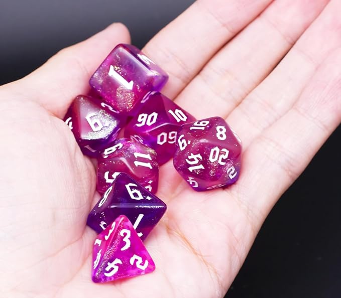 DND Dice Set with Dragon Totem Metal Gife Case, Dungeons and Dragons Dice Set,Polyhedral Dice Set Filled with Shiny Glitters,Role Playing Games and Tabletop Games (Purple&Pink)