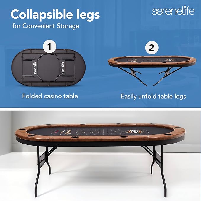 SereneLife 10-Player Oval Foldable Poker Table - Casino Texas Holdem Table with Water-Resistant Cushioned Rail, 10 Cup Holders, Brown Felt Surface, Black Jack Board & Family Games (Brown)
