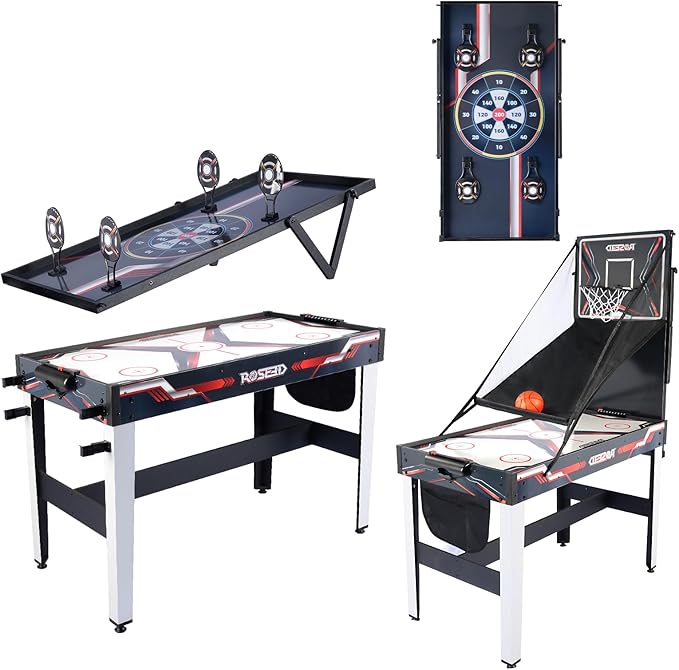 ROSEED 4 in 1 Combo Game Table for Home, Game Room, Friends & Family, Shooting Games, Air Hockey, Basketball, Darts, Multi Game Table