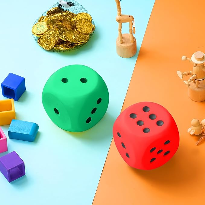 Zomiboo 2 Pcs Large Foam Dice Stress Balls Soft Jumbo 6 Sided Giant Dice Educational Learning Squeeze Anxiety Relieve Toy Gifts for Adults Kids Board Game Classroom(Red, Green,3.93 Inch)